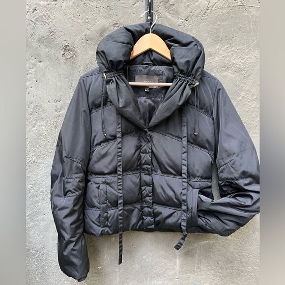 TAHARI SHORT PUFFER JACKET WARM DOWN FILLING HIDDEN HOOD BLACK SMALL - Picture 3 of 16